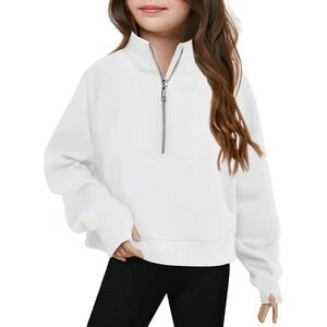Girls White Quarter Zip Pullover Sweatshirt Fleece‎ Lined Pocket Size 9/10